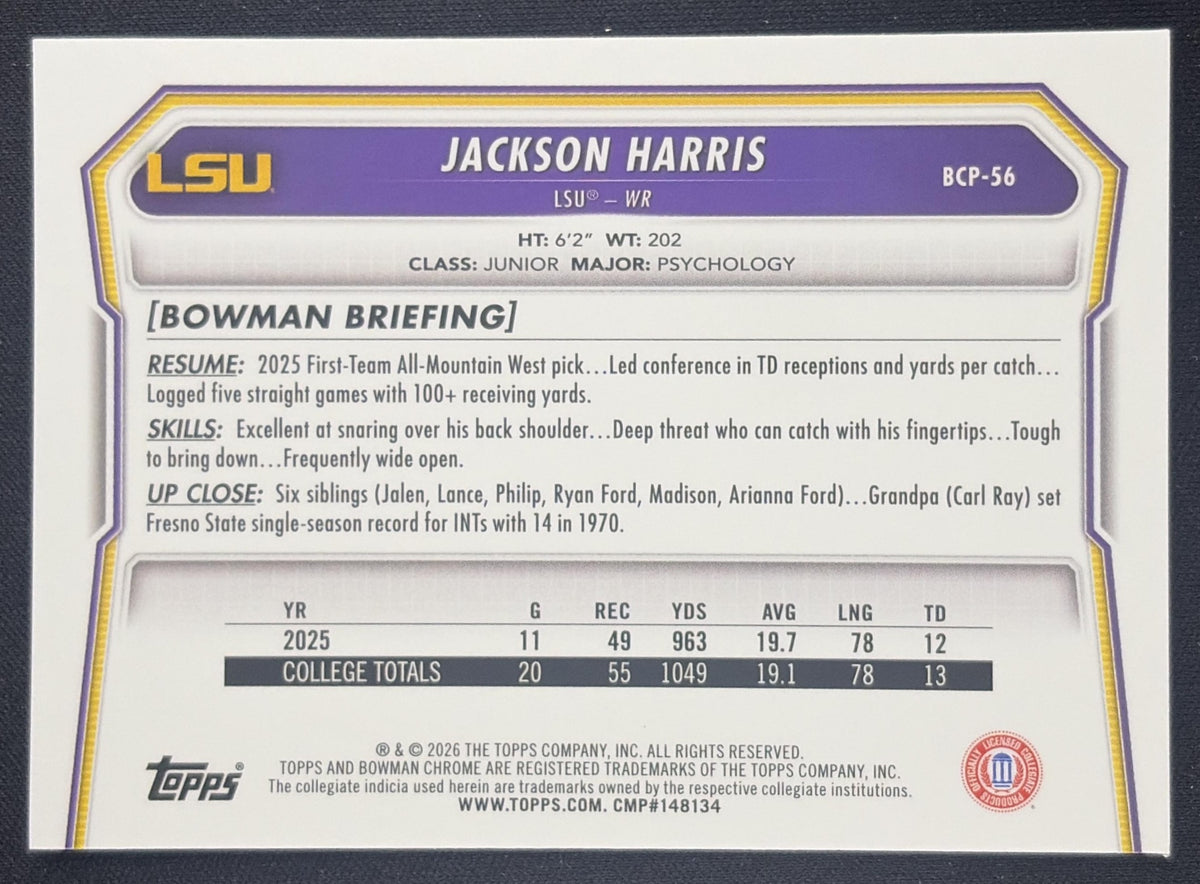 Jackson Harris 2026 Bowman Chrome Prospects Speckle Refractor Tigers