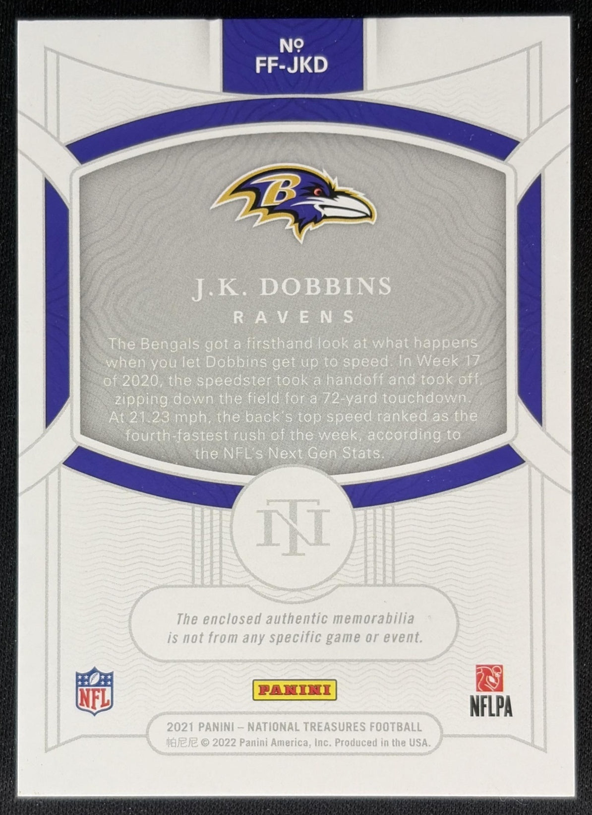 J.K. Dobbins 2021 Panini National Treasures Framed Fabric /99 Ravens Back
