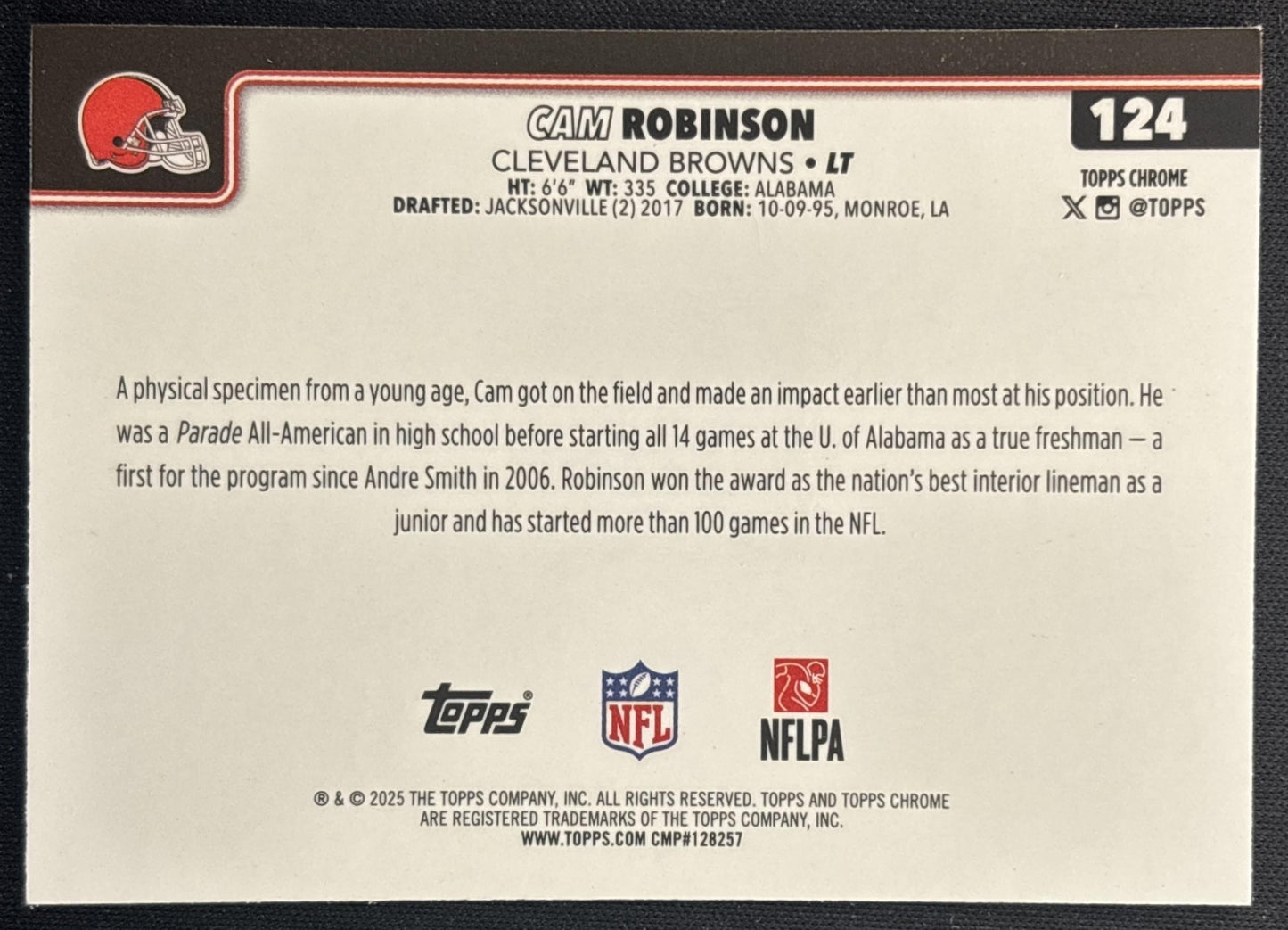 Cam Robinson 2025 Topps Chrome Pink Refractor /250 Browns back