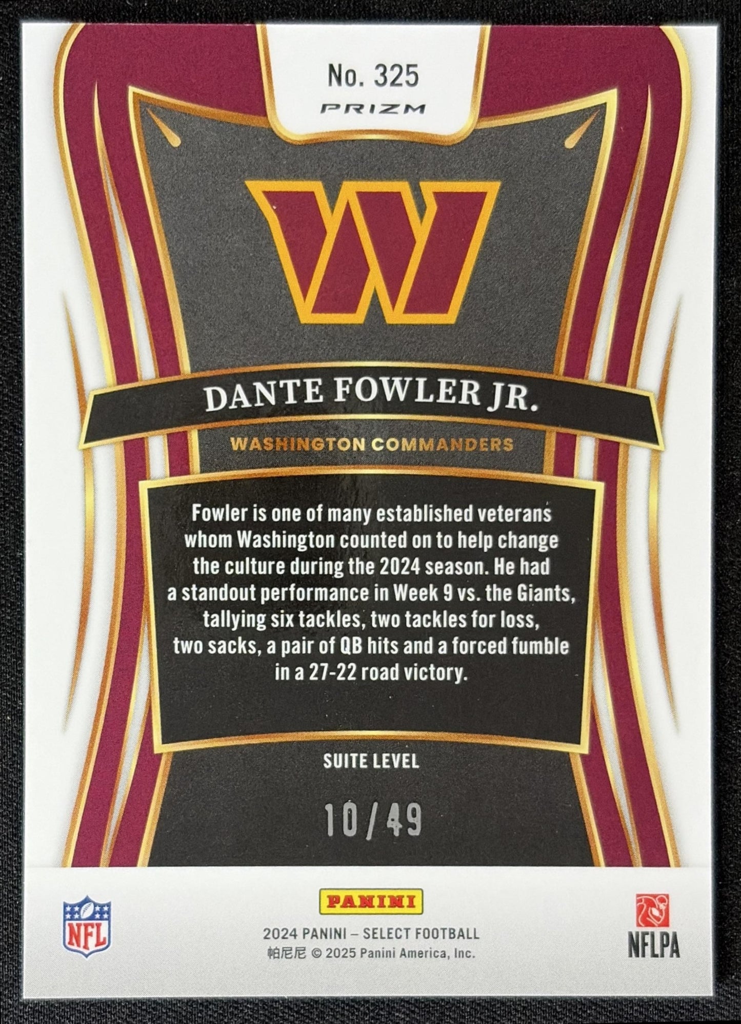 Dante Fowler Jr. 2024 Panini Select Suite Red Prizm /49 Commanders