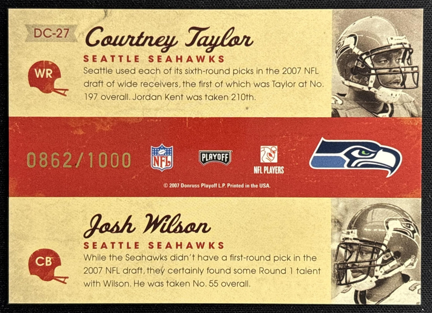 Courtney Taylor Josh Wilson 2007 Playoff Contenders Draft Class /1000 Seahawks back
