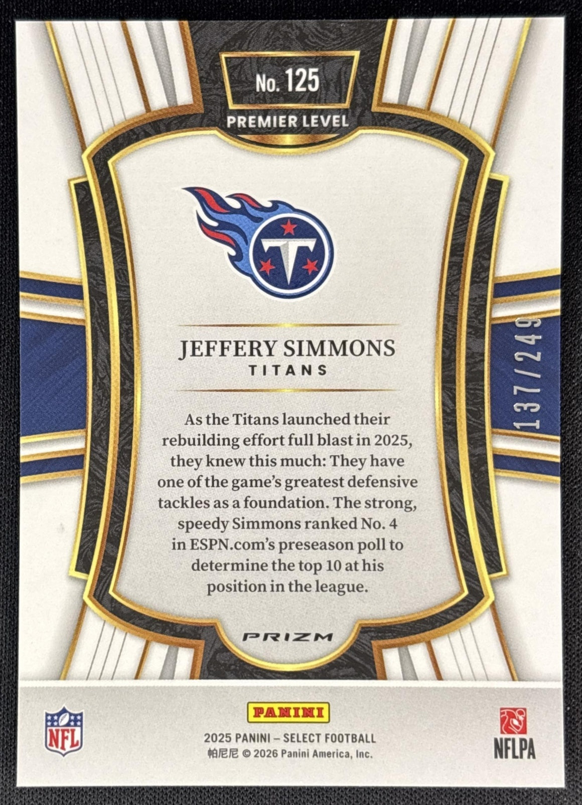 Jeffery Simmons 2025 Panini Select Premier Level Red Prizm Shock /249 Titans back