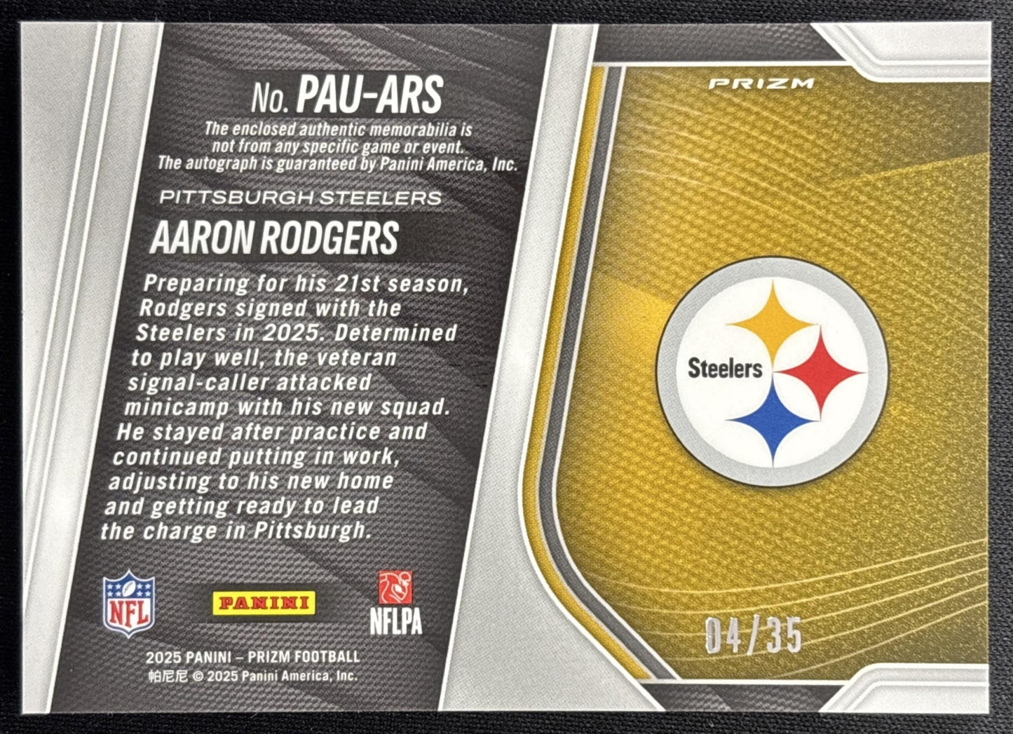 Aaron Rodgers 2025 Panini Prizm Patch Auto Red Shimmer /35 Steelers Sports Trading Cards