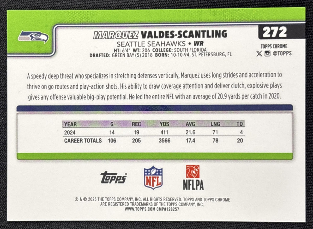 Marquez Valdes-Scantling 2025 Topps Chrome Yellow Wave Refractor /275 Seahawks