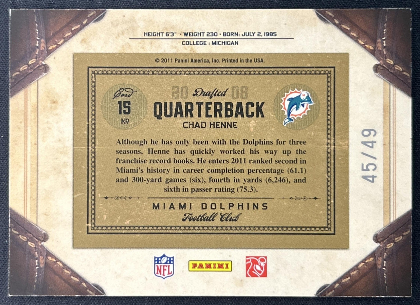 Chad Henne 2011 Panini Timeless Treasures Gold /49 Dolphins back