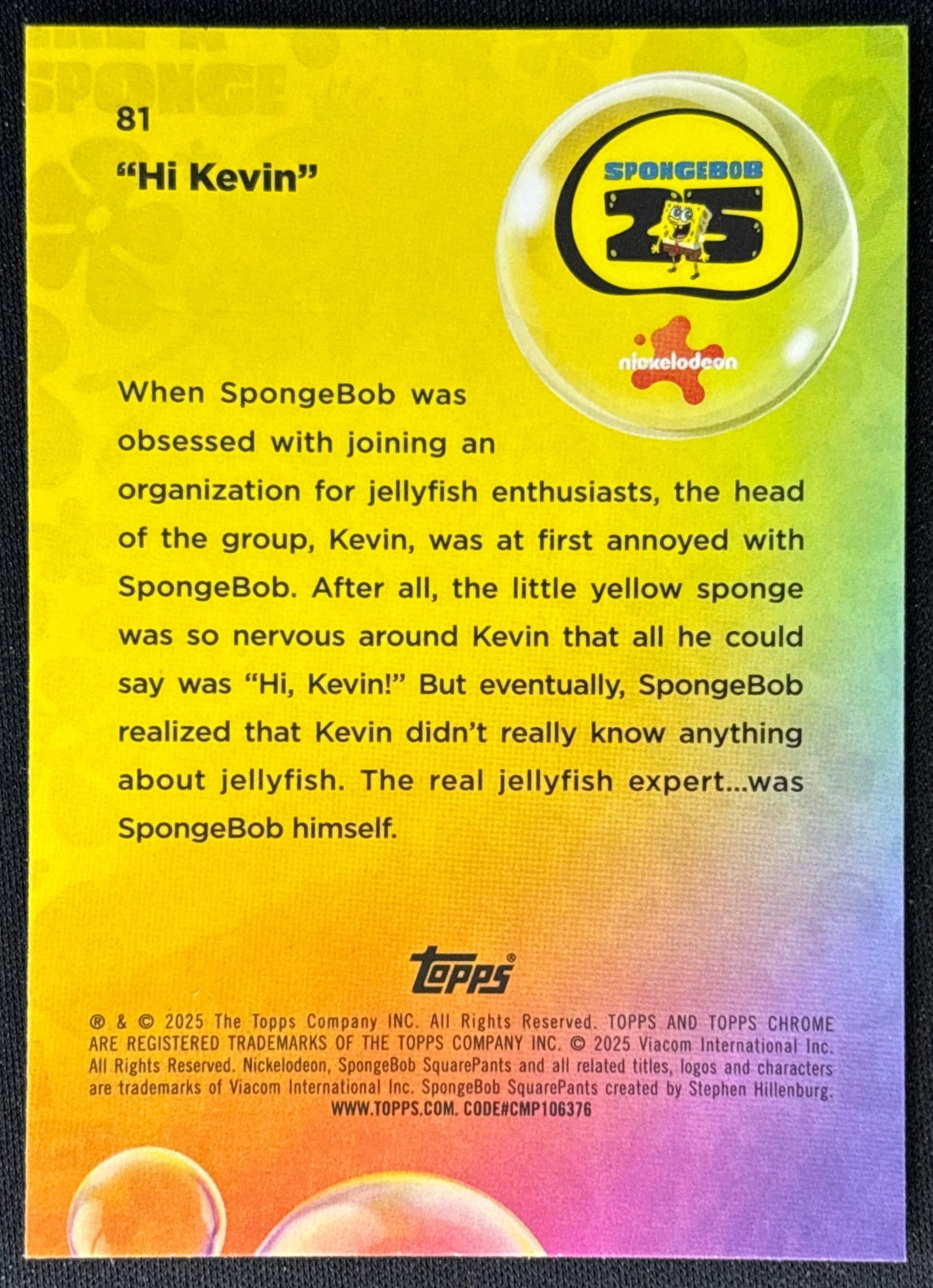 "Hi Kevin" 2025 Chrome SpongeBob SquarePants 25th Anniversary Wave Refractor /175 (Back) | Wayne Collection