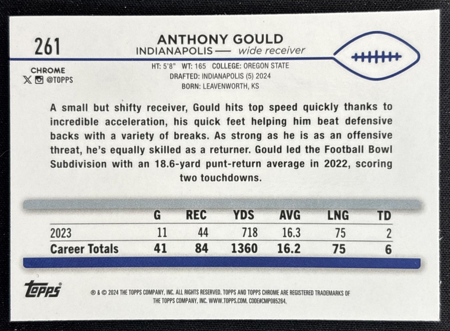 Anthony Gould 2024 Topps Chrome Purple Speckle Refractor /275 Colts back