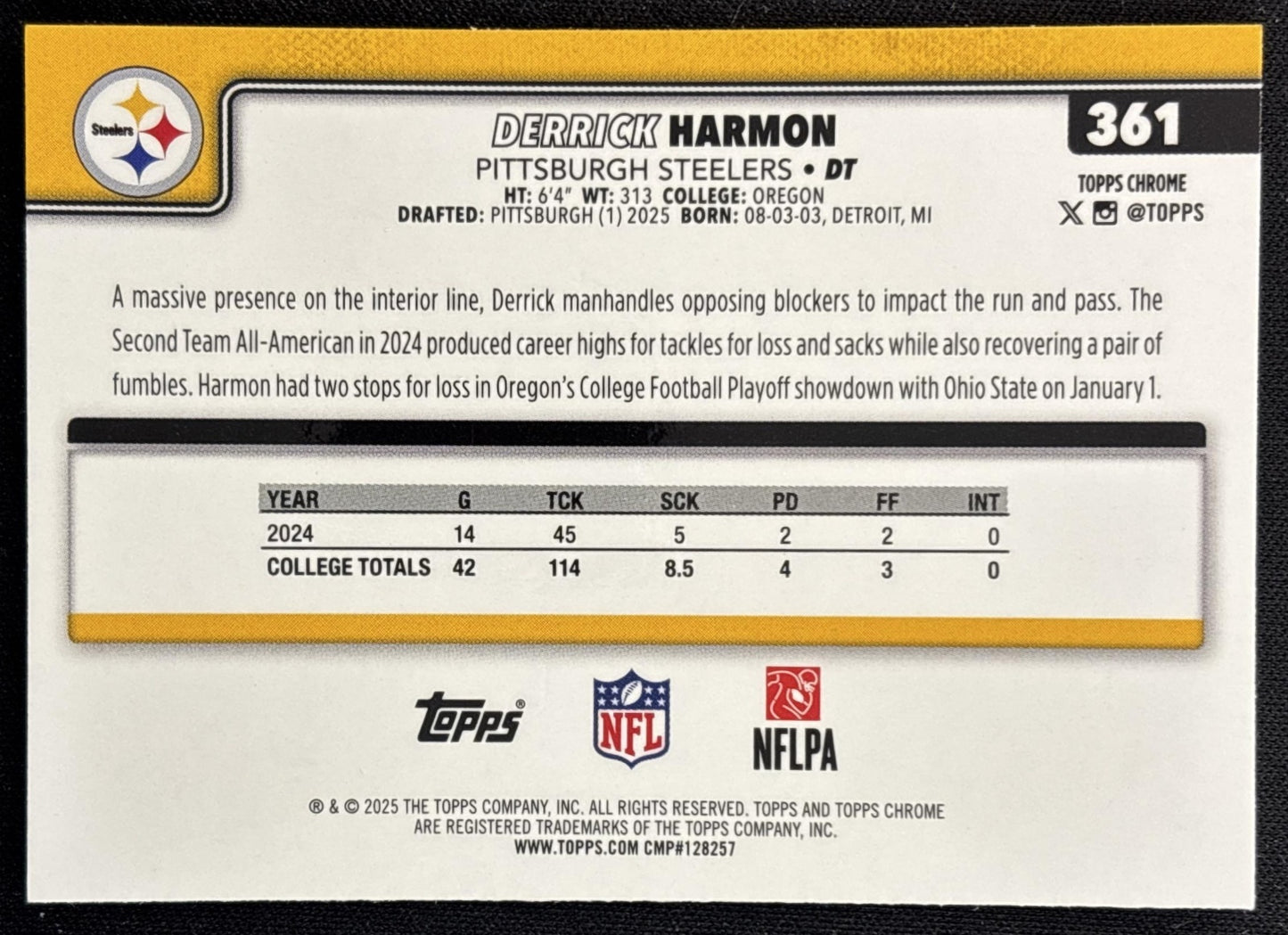 Derrick Harmon 2025 Topps Chrome Rookie Teal Wave Refractor /299 Steelers