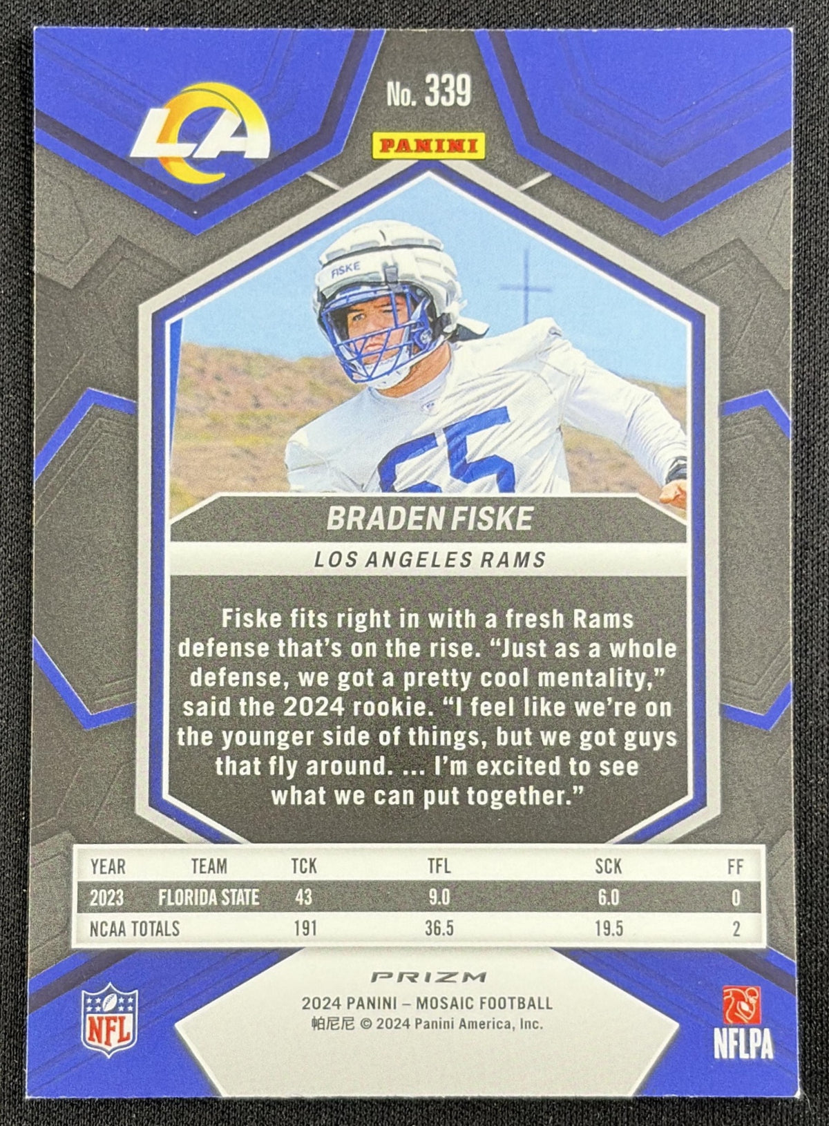 Braden Fiske 2024 Panini Mosaic Camo Pink Prizm Rams Sports Trading Card