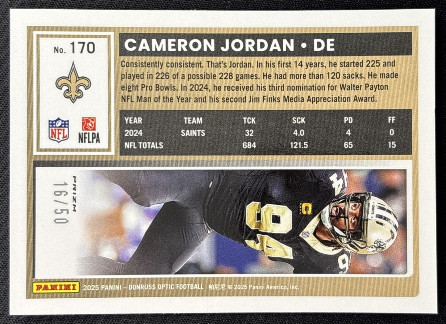 Cameron Jordan 2025 Panini Donruss Optic Lime Green Prizm /50 Saints Sports Trading Cards