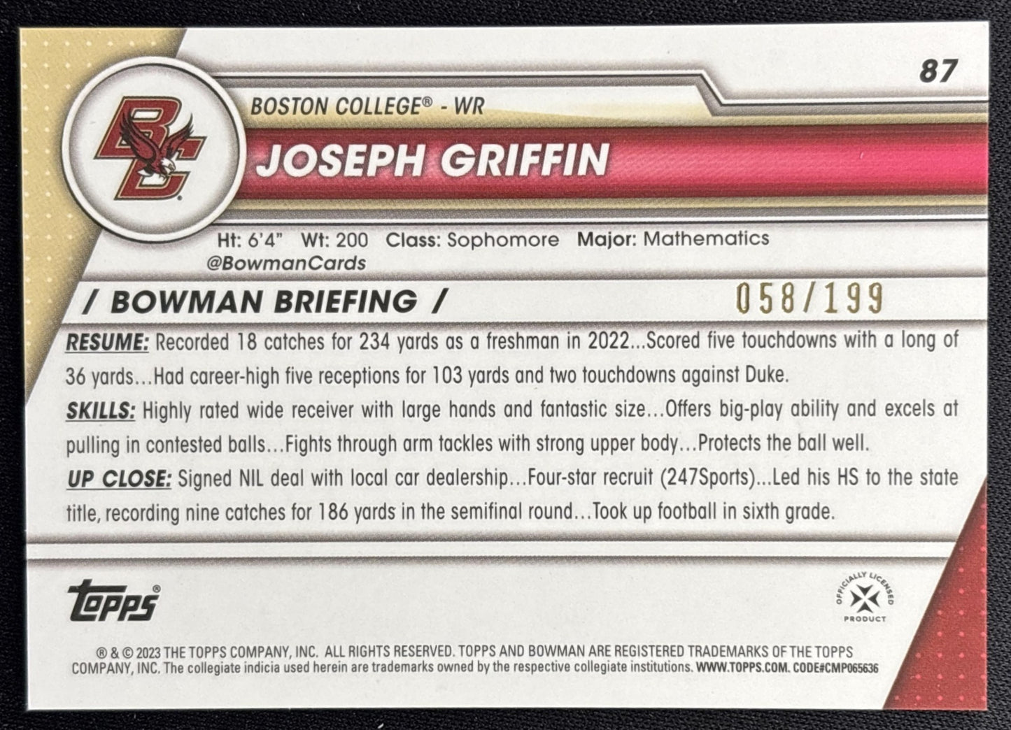 Joseph Griffin 2023 Bowman University Chrome Blue Refractor /199 Eagles back