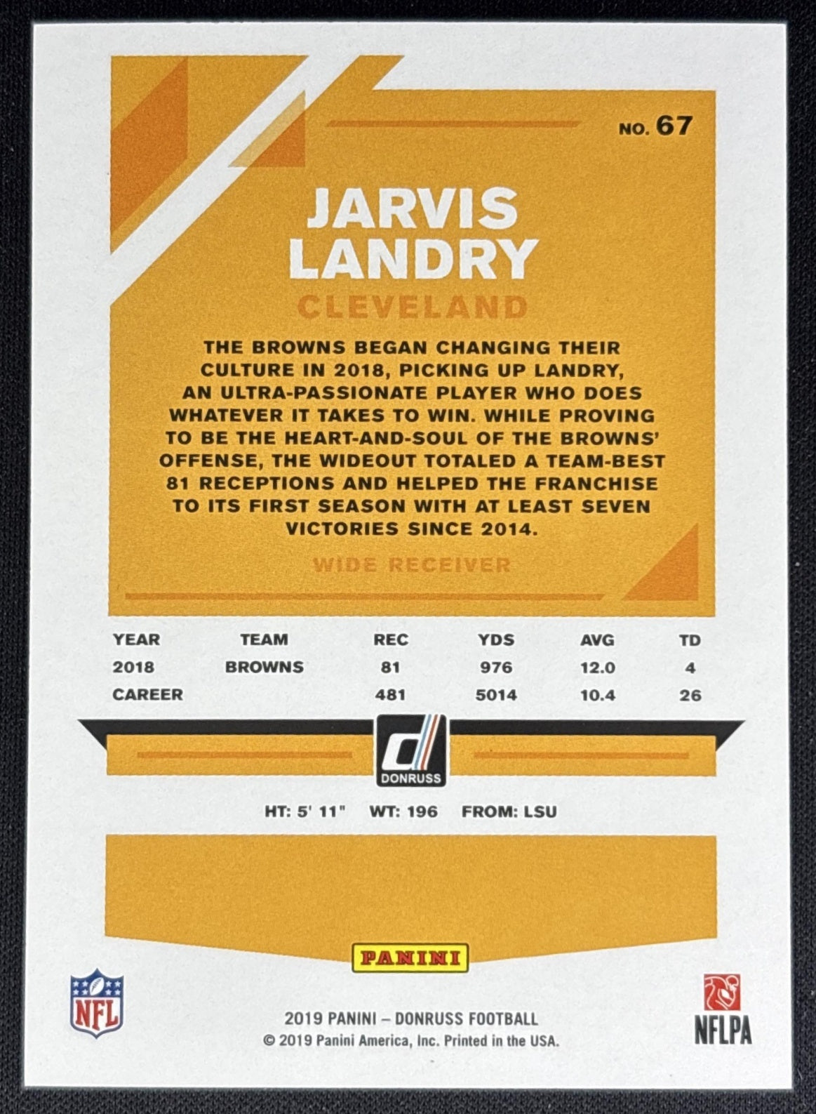 Jarvis Landry 2019 Panini Donruss Season Stat Line /500 Browns back