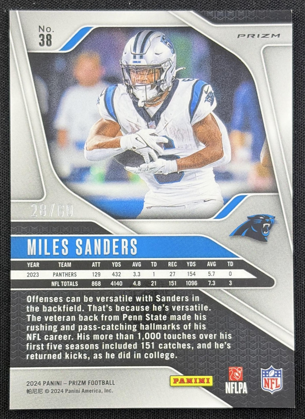 Miles Sanders 2024 Panini Prizm Orange Wave /60 Panthers back