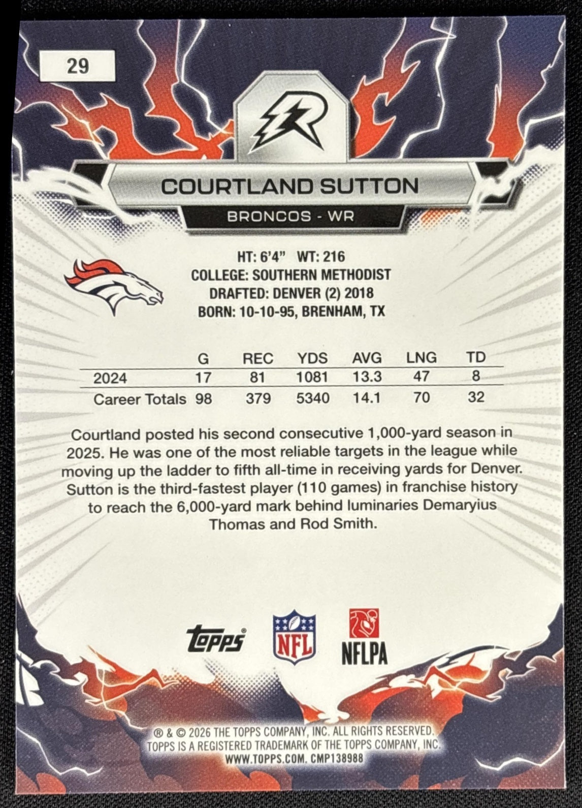 Courtland Sutton 2025 Topps Resurgence Blue and Orange Spark Refractor Broncos