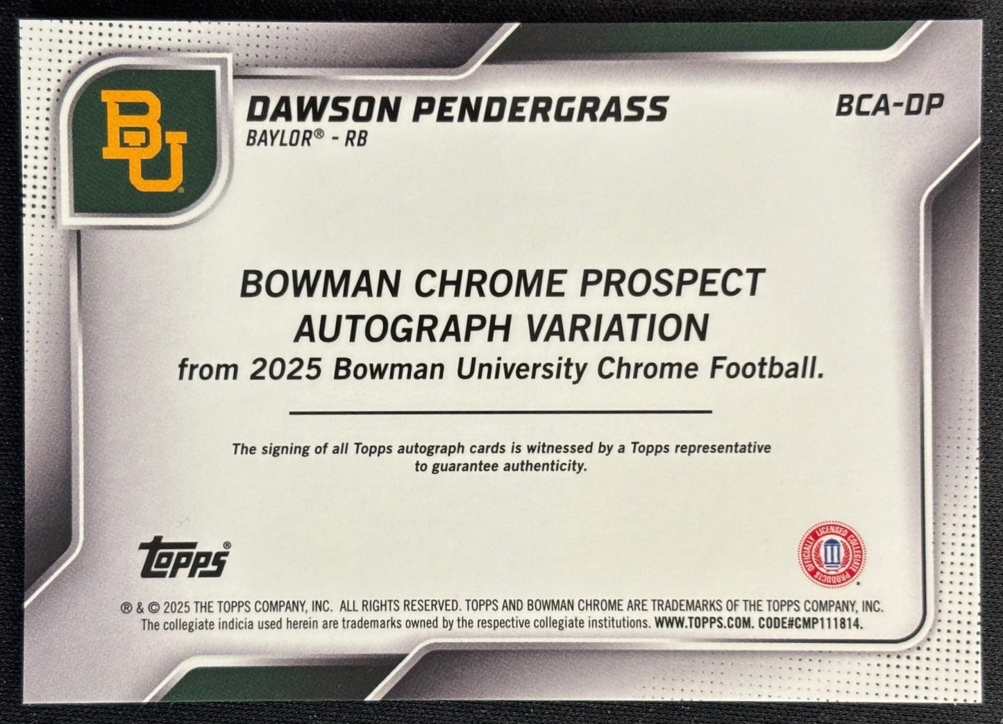 Dawson Pendergrass 2025 Chrome University Prospect Auto Bears - Back
