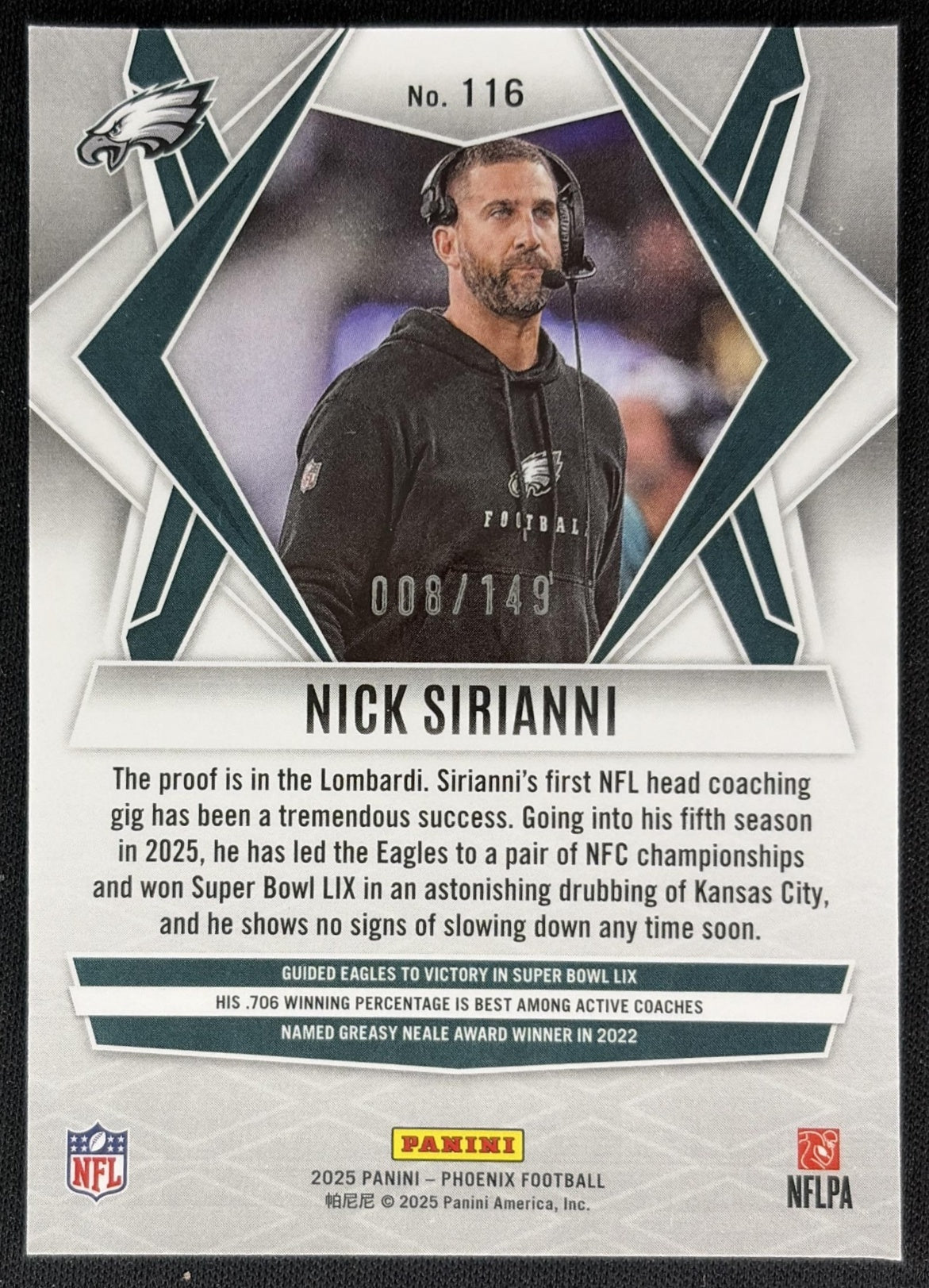 Nick Sirianni 2025 Panini Phoenix Prizm /149 Eagles Sports Trading Cards