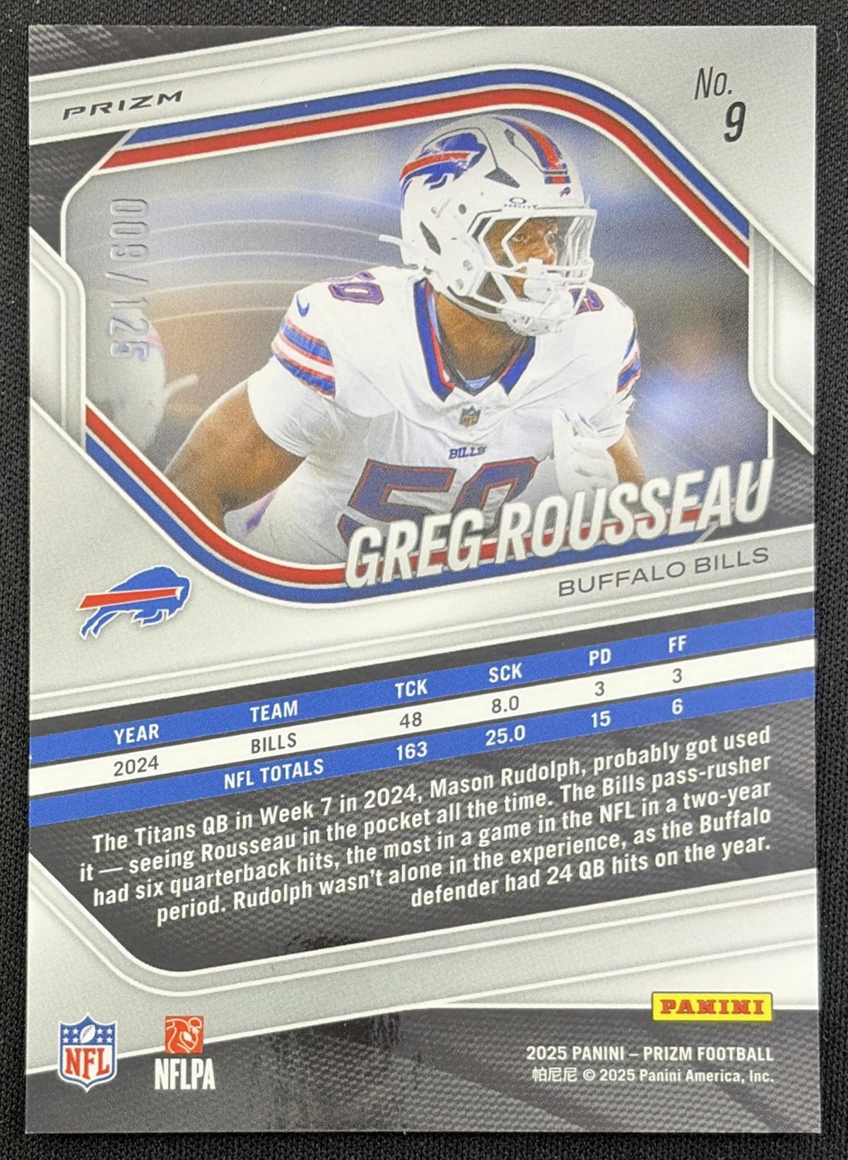 Greg Rousseau 2025 Panini Prizm No Huddle Blue /125 Bills Buffalo Bills