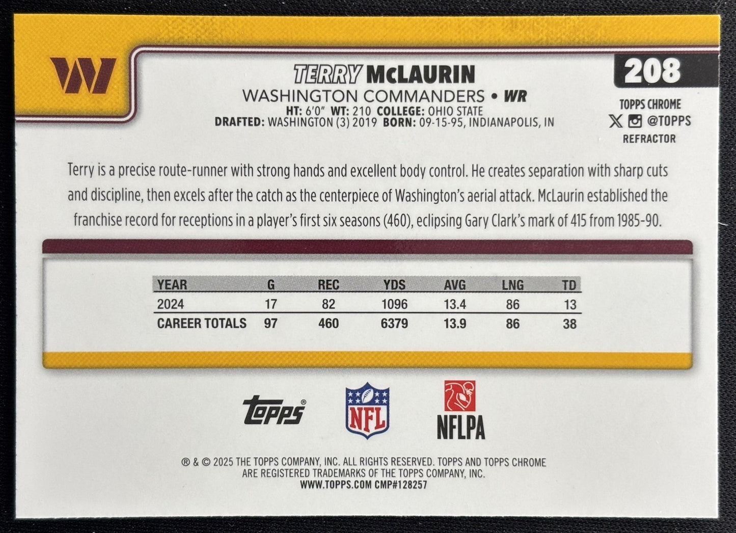 Terry McLaurin 2025 Topps Chrome Refractor Commanders Sports Trading Cards