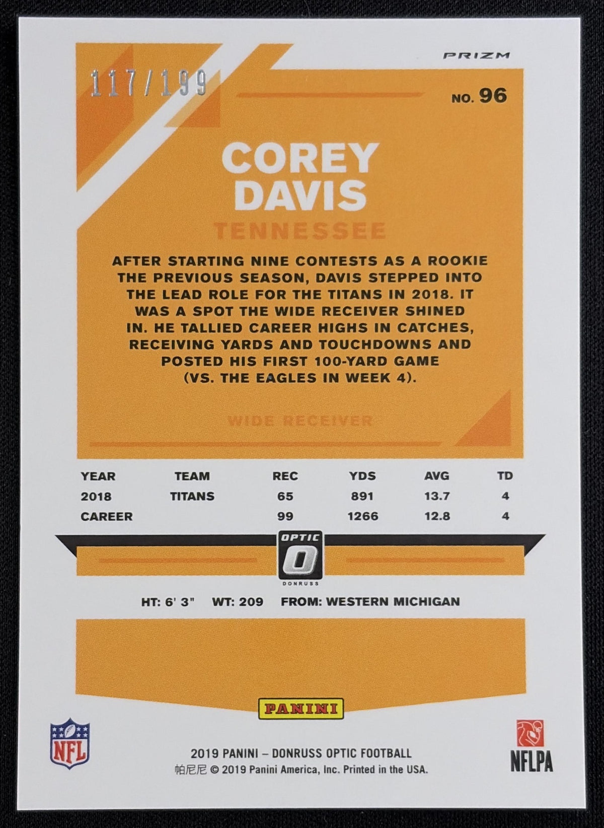 Corey Davis 2019 Panini Donruss Optic Orange /199 Titans Sports Trading Card