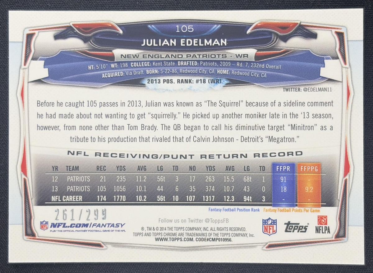 Julian Edelman 2014 Topps Chrome Black Refractor /299 Patriots Sports Trading Card