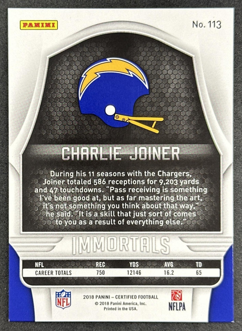 Charlie Joiner 2018 Panini Certified Mirror Silver /499 Chargers Sports Trading Card
