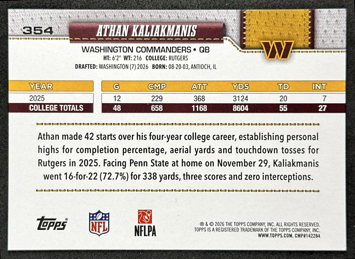 Athan Kaliakmanis 2026 Topps Flagship Rookie Commanders Sports Trading Cards