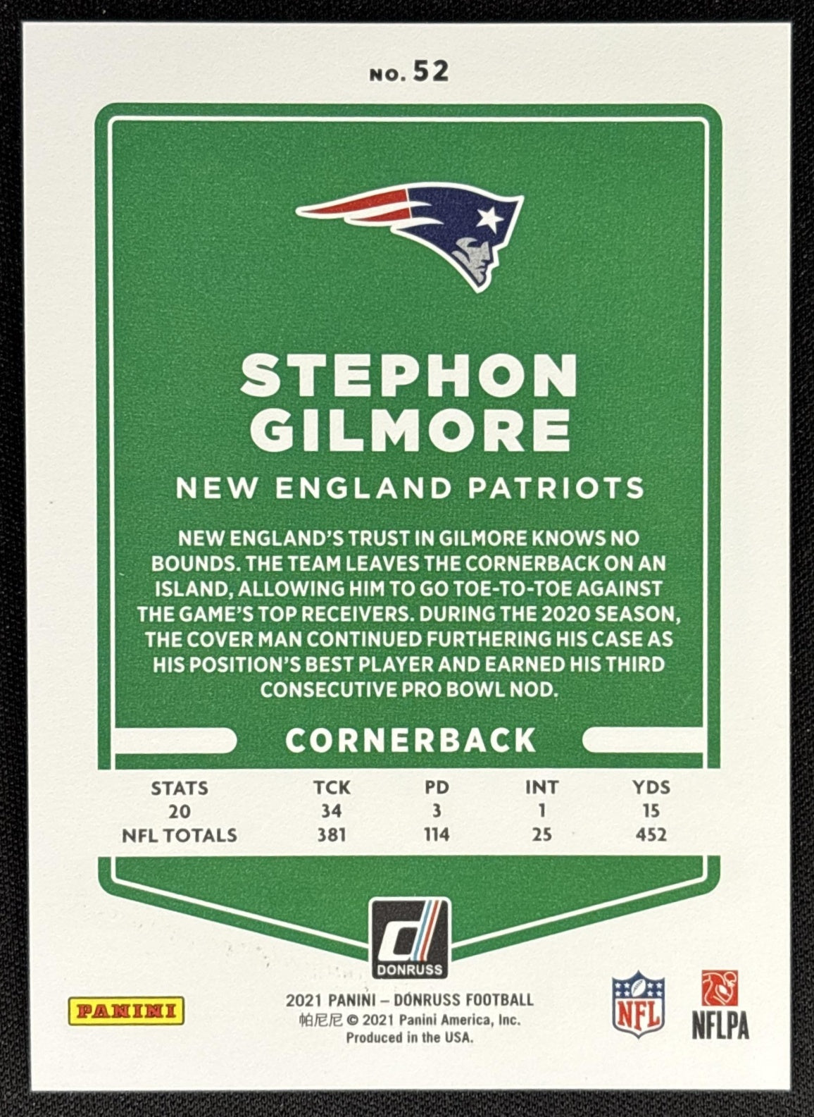 Stephon Gilmore 2021 Panini Donruss Press Proof Premium Patriots