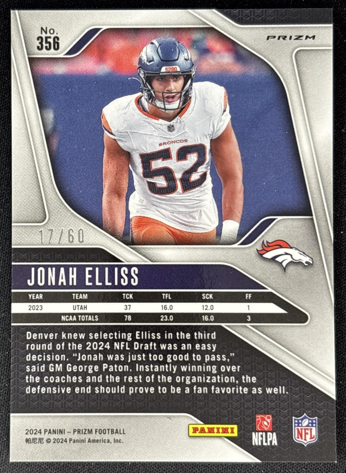 Jonah Elliss 2024 Panini Prizm Orange Wave /60 Broncos back
