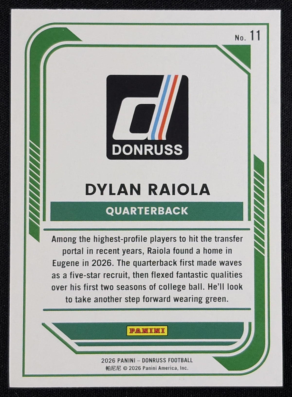 Dylan Raiola 2026 Panini Donruss Lighting Ducks