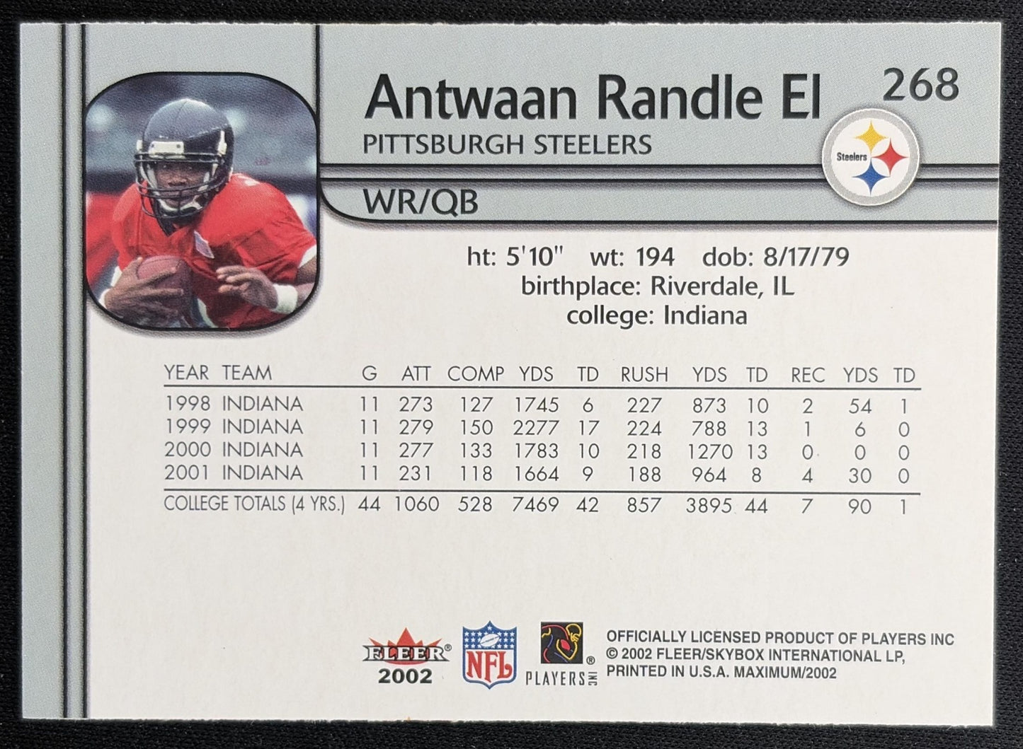 Antwaan Randle El 2002 Fleer Maximum /3500 Steelers back