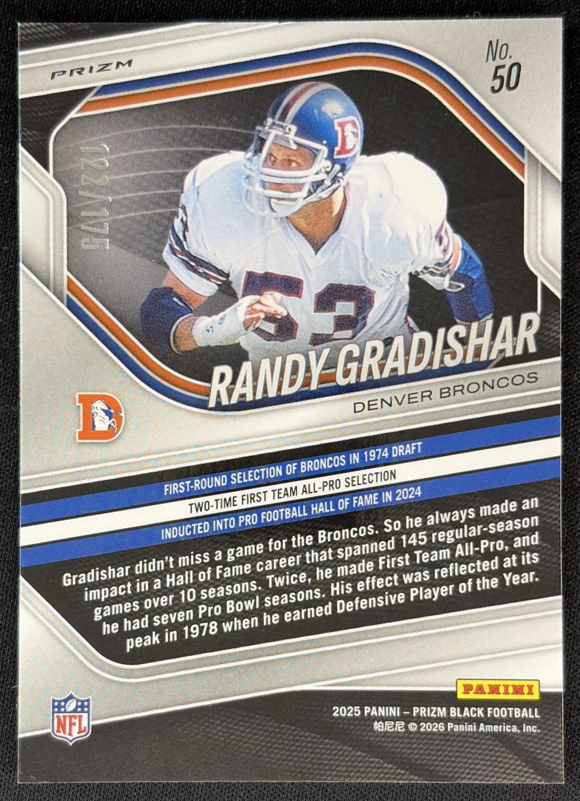 Randy Gradishar 2025 Panini Prizm Black White /175 Broncos Back