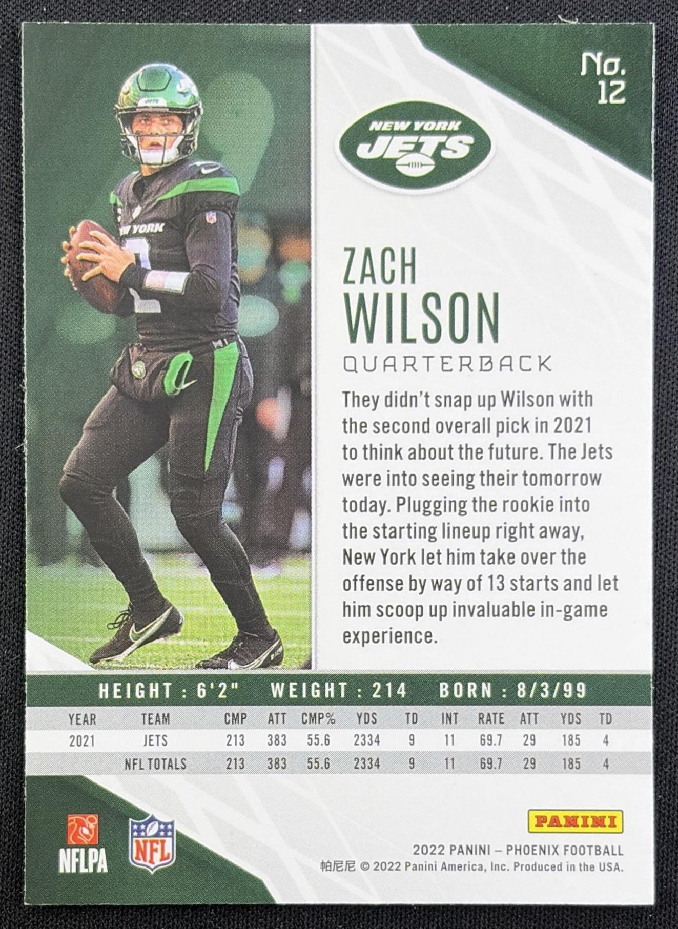 Zach Wilson 2022 Panini Phoenix Silver Jets back