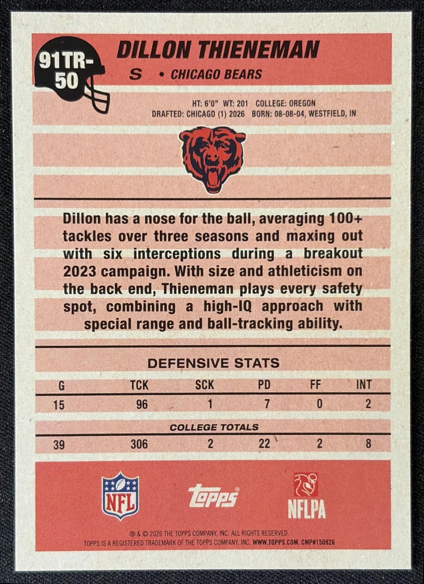 Dillon Thieneman 2026 Topps 1991 Rookie Bears back