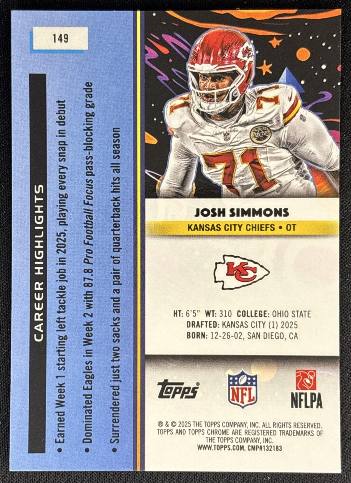 Josh Simmons 2025 Topps Cosmic Chrome Chiefs back