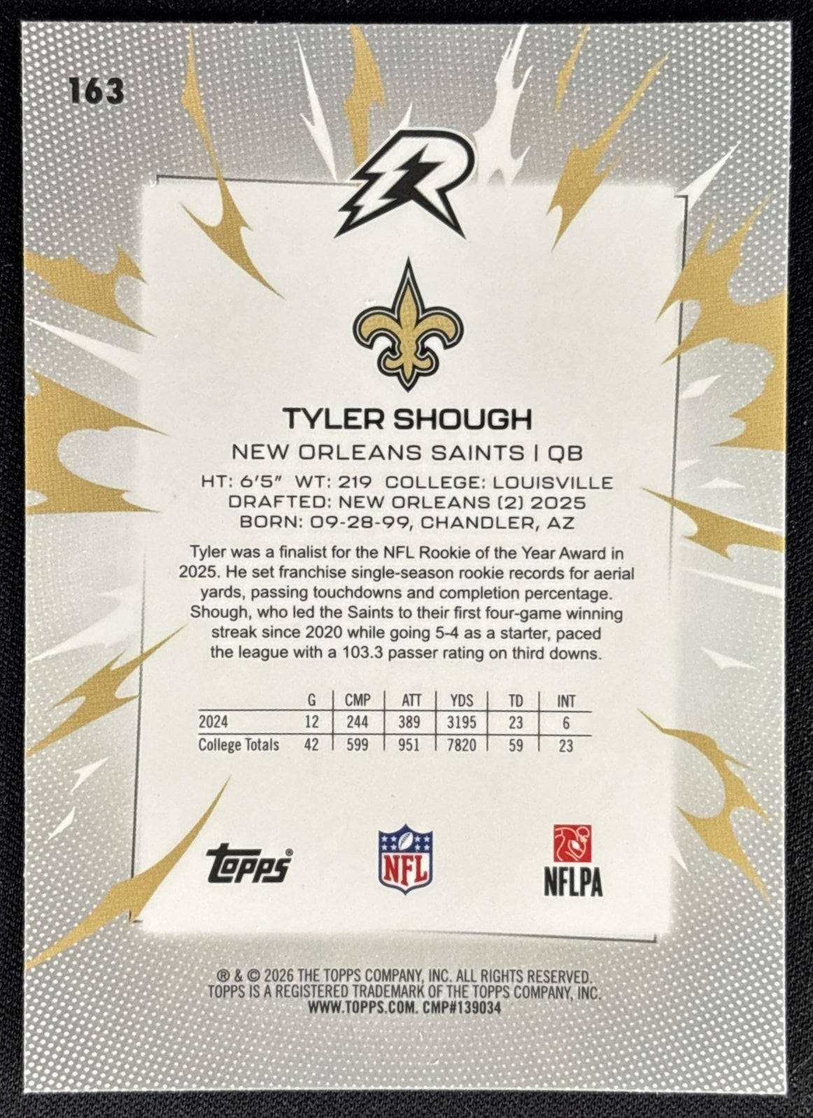 Tyler Shough 2025 Topps Resurgence Blue and Orange Spark Refractor Saints
