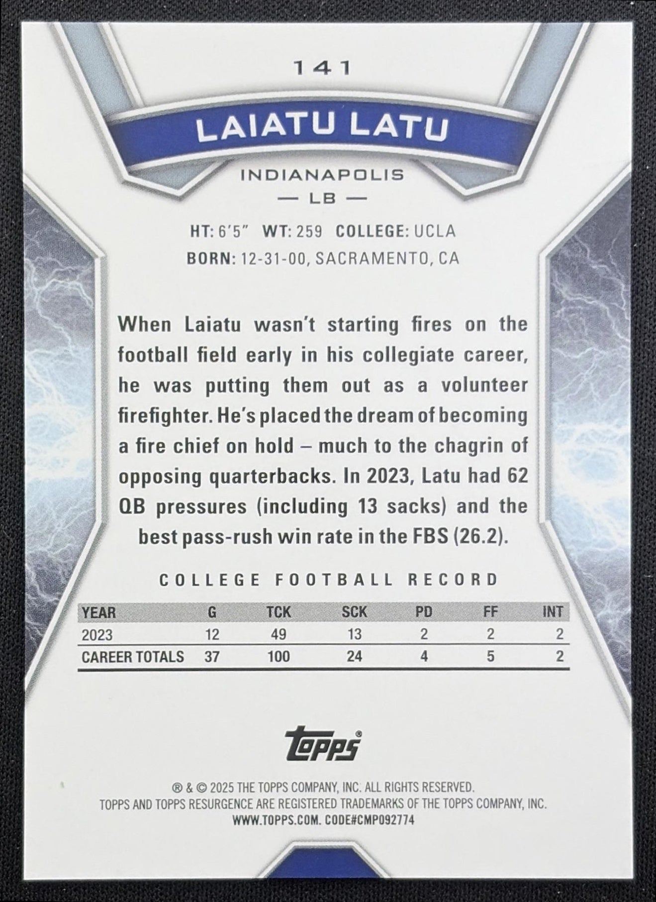 Laiatu Latu 2024 Topps Resurgence Gold Power Surge /50 Colts Indianapolis Colts back
