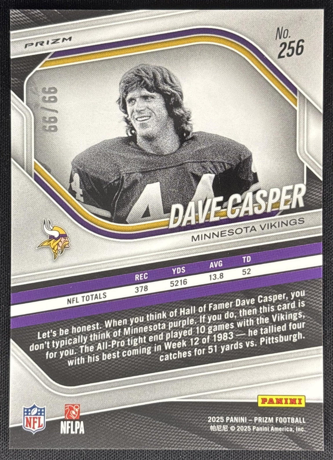Dave Casper 2025 Panini Prizm No Huddle Red /99 Vikings Sports Trading Cards