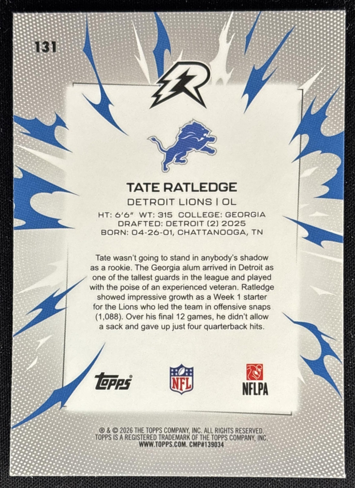 Tate Ratledge 2025 Topps Resurgence Prism Refractor Lions back
