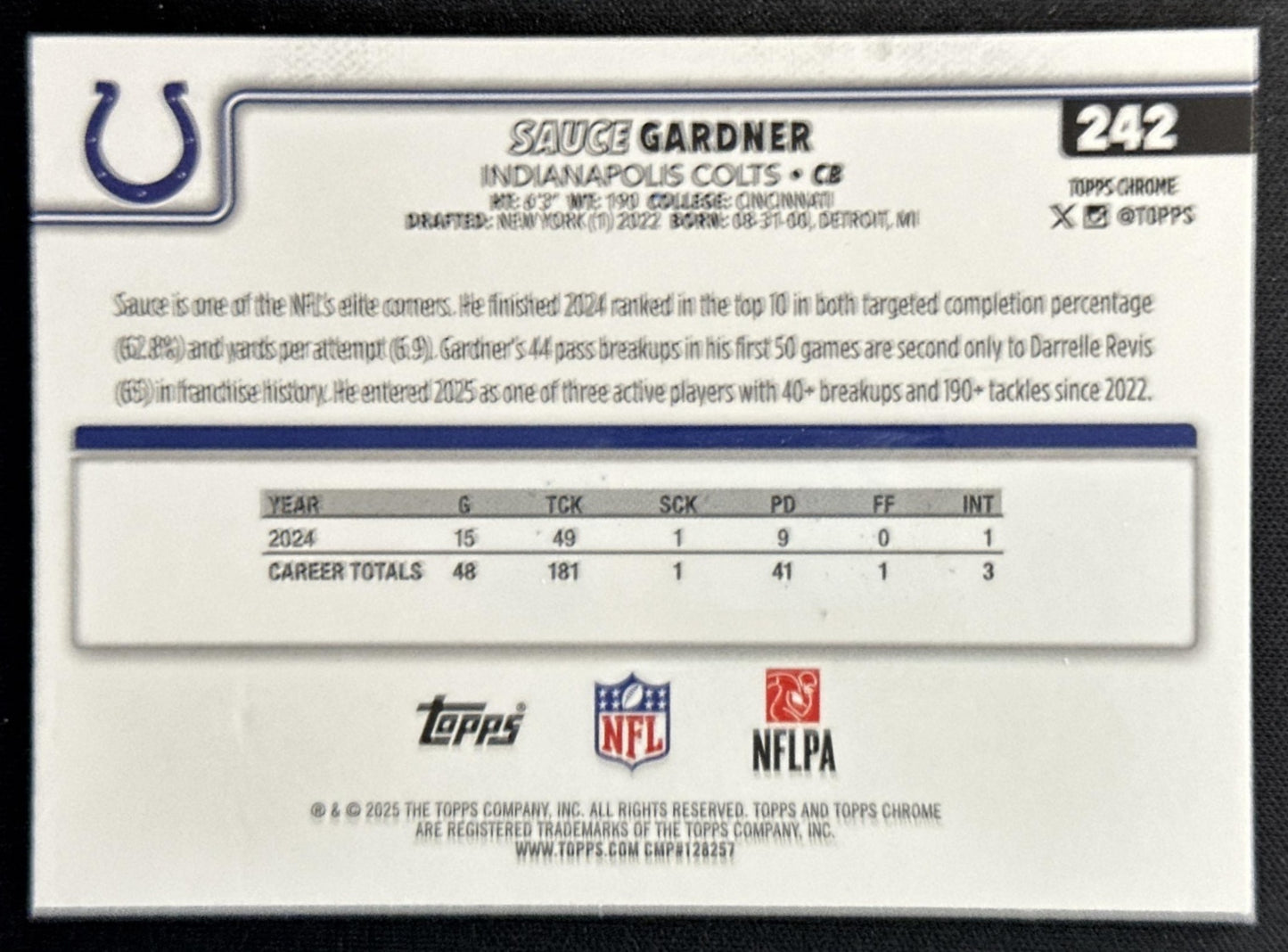 Sauce Gardner 2025 Topps Chrome Yellow Wave Refractor /275 Colts