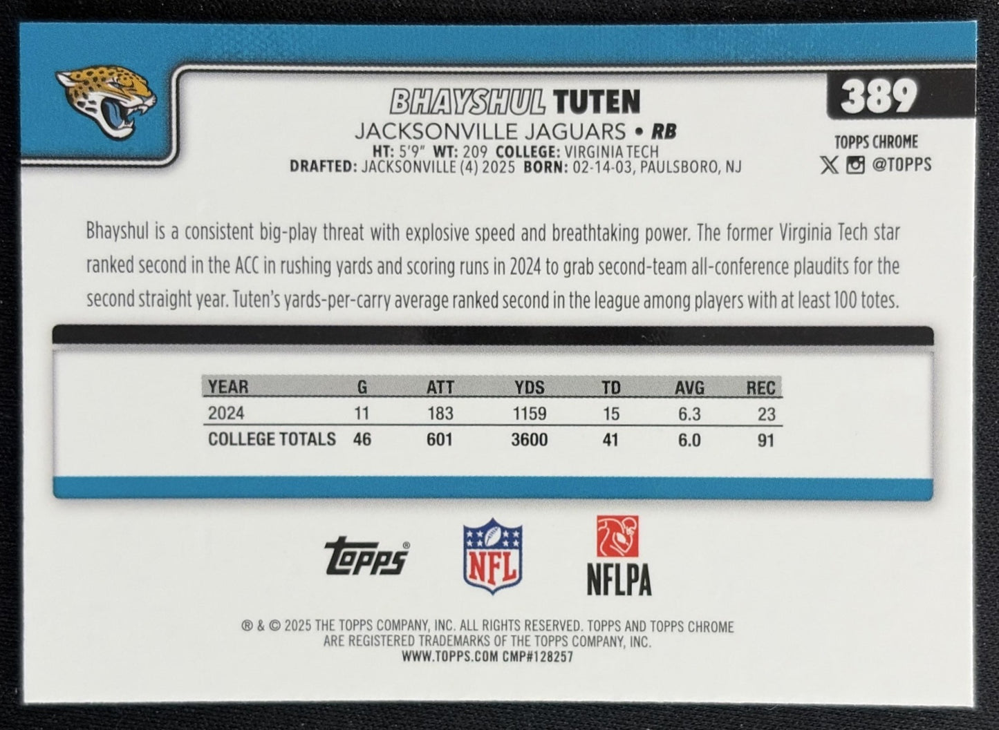Bhayshul Tuten 2025 Topps Chrome Rookie Teal Refractor /299 Jaguars back