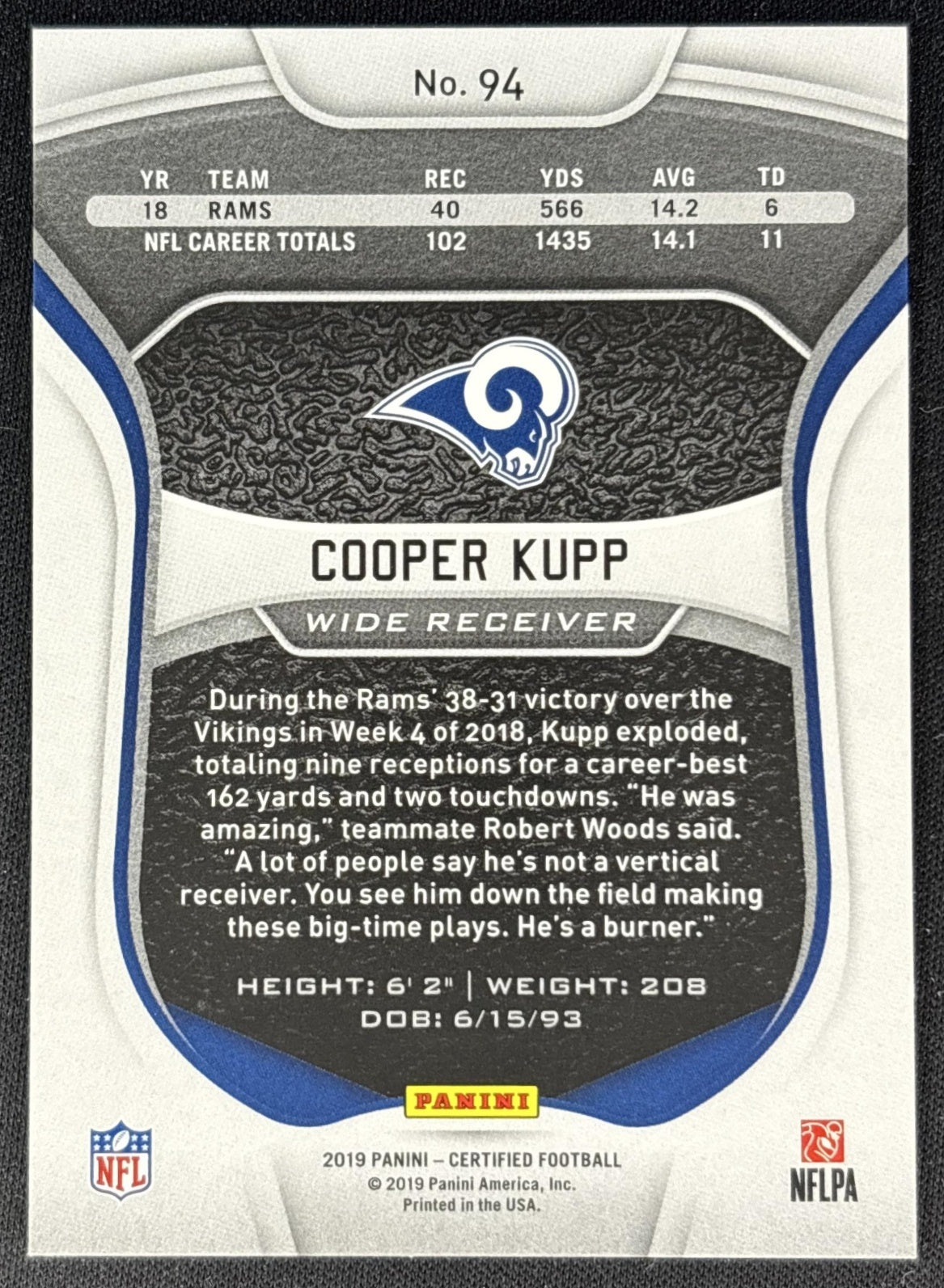 Cooper Kupp 2019 Panini Certified Mirror Red /99 Rams Sports Trading Cards