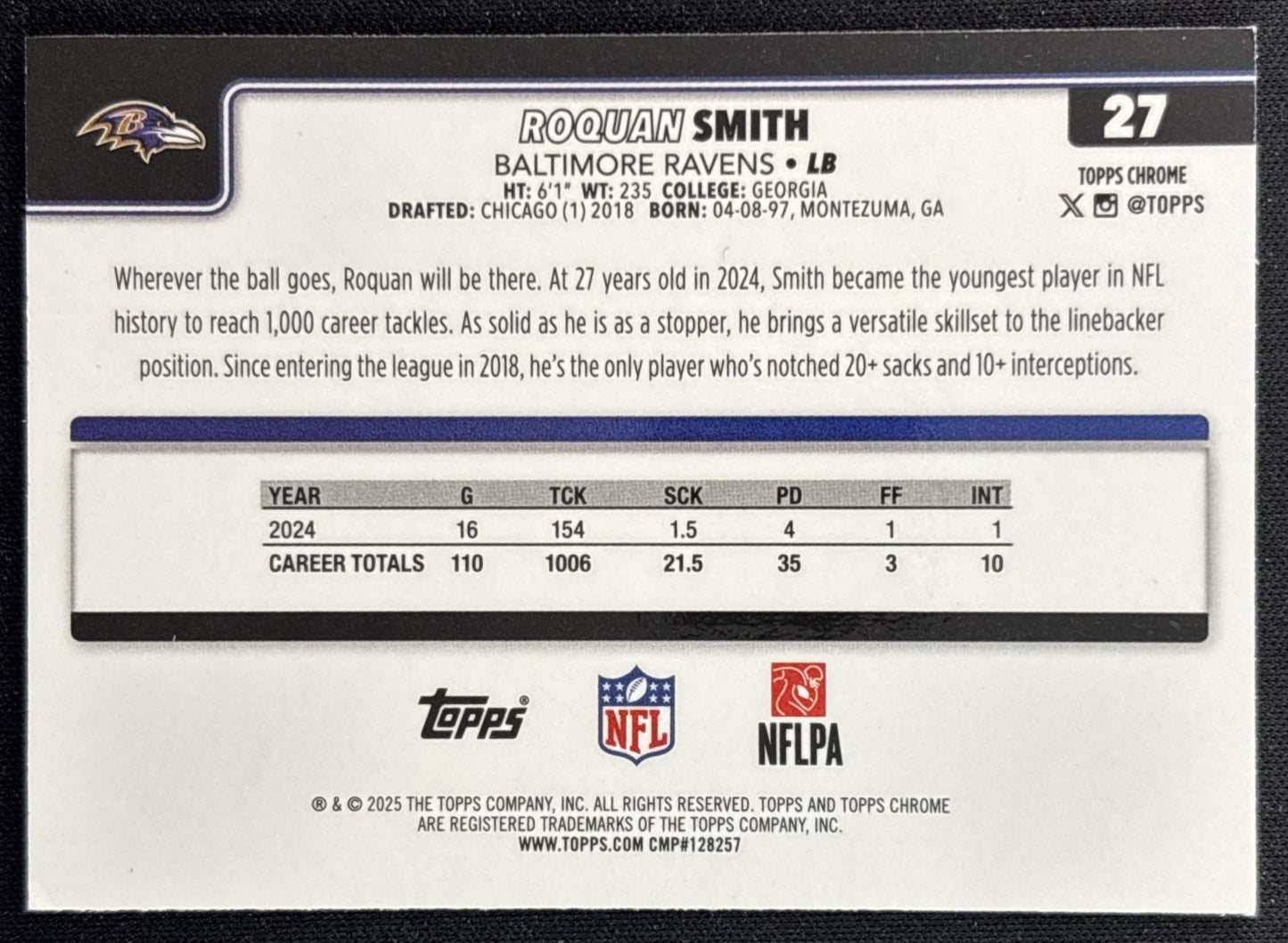 Roquan Smith 2025 Topps Chrome Football Leather Green Refractor /99 Ravens back
