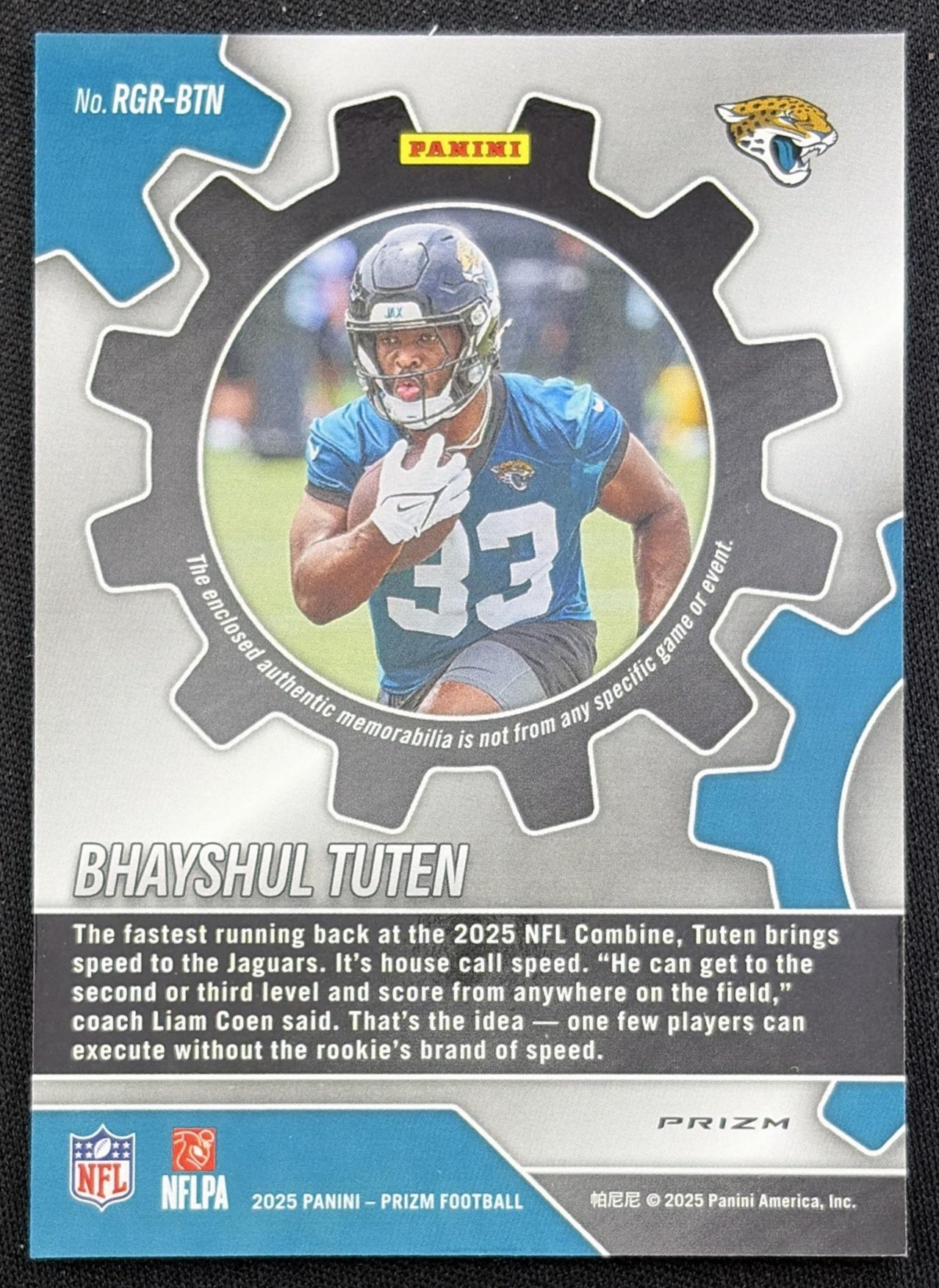 Bhayshul Tuten 2025 Panini Prizm Rookie Gear Neon Green Pulsar Jaguars