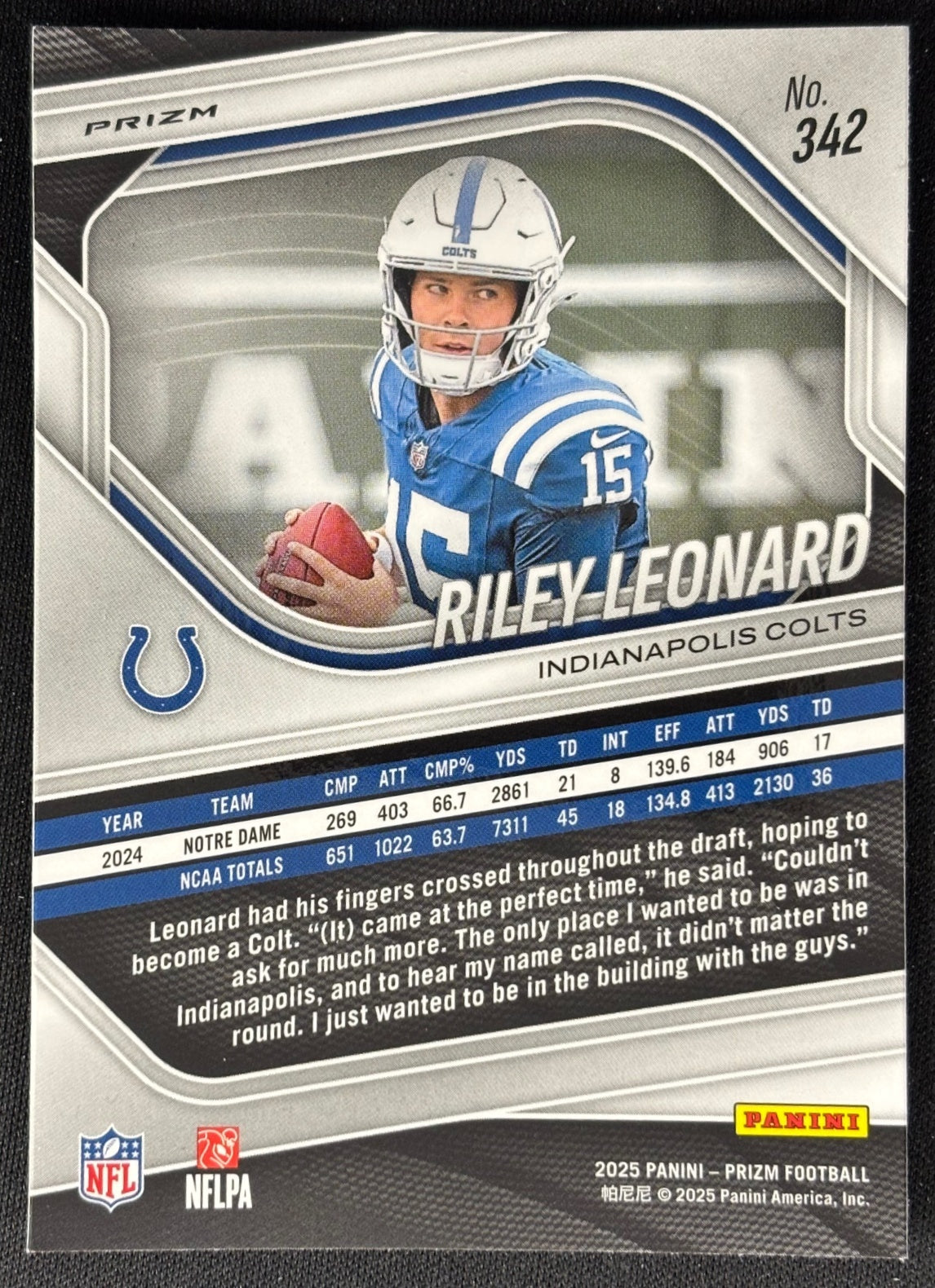 Riley Leonard 2025 Prizm White Disco Prizms Colts Sports Trading Card