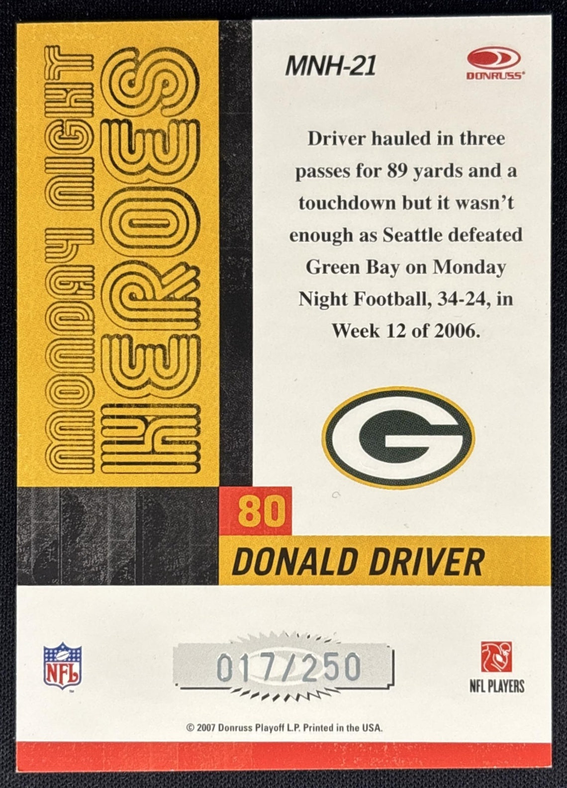Donald Driver 2007 Donruss Classics Monday Night Heroes Silver /250 Packers back