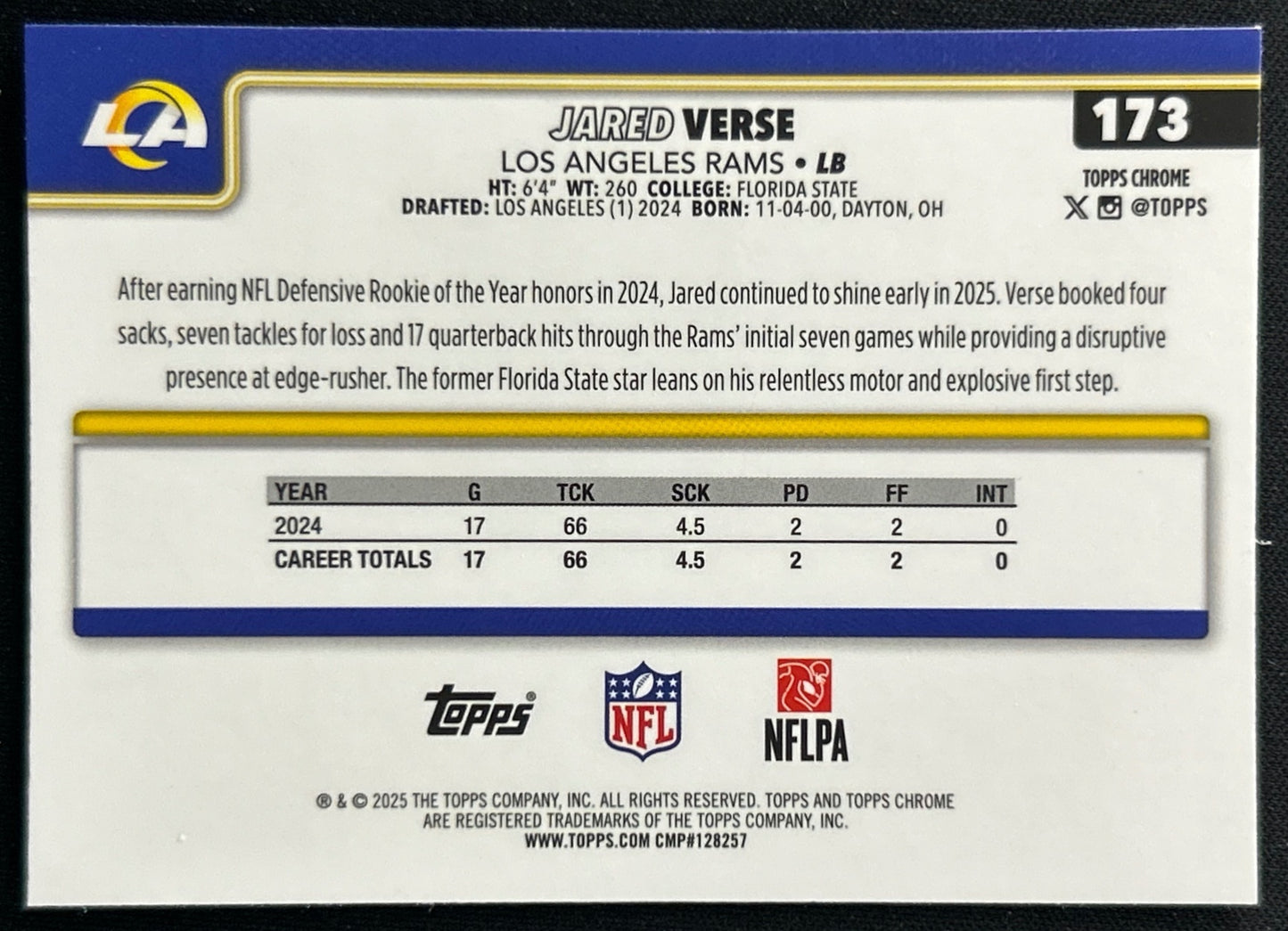 Jared Verse 2025 Topps Chrome Rams Browns Sports Trading Cards