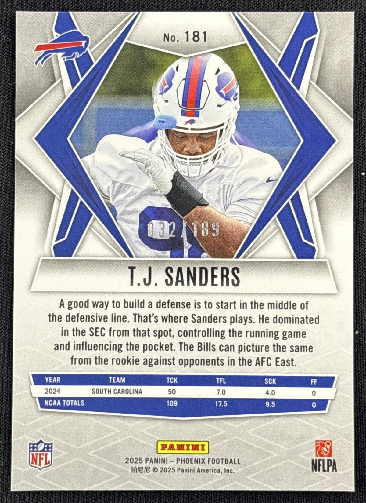T.J. Sanders 2025 Panini Phoenix Orange Pandora Prizm /189 Bills