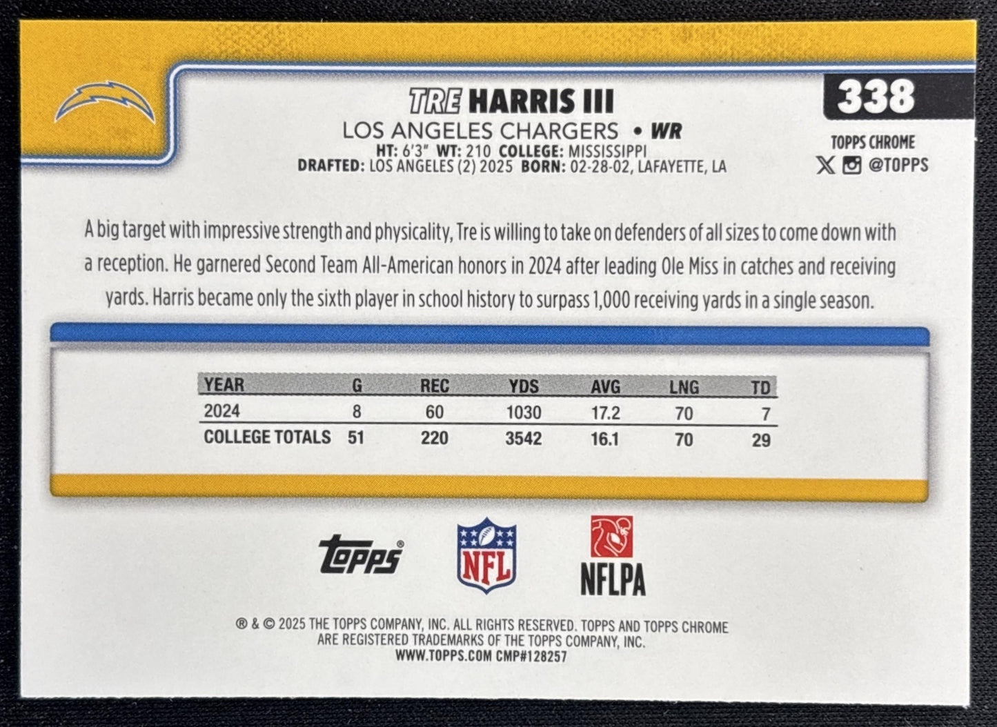 Tre Harris III 2025 Topps Chrome Rookie Green Wave Refractor /99 Chargers back