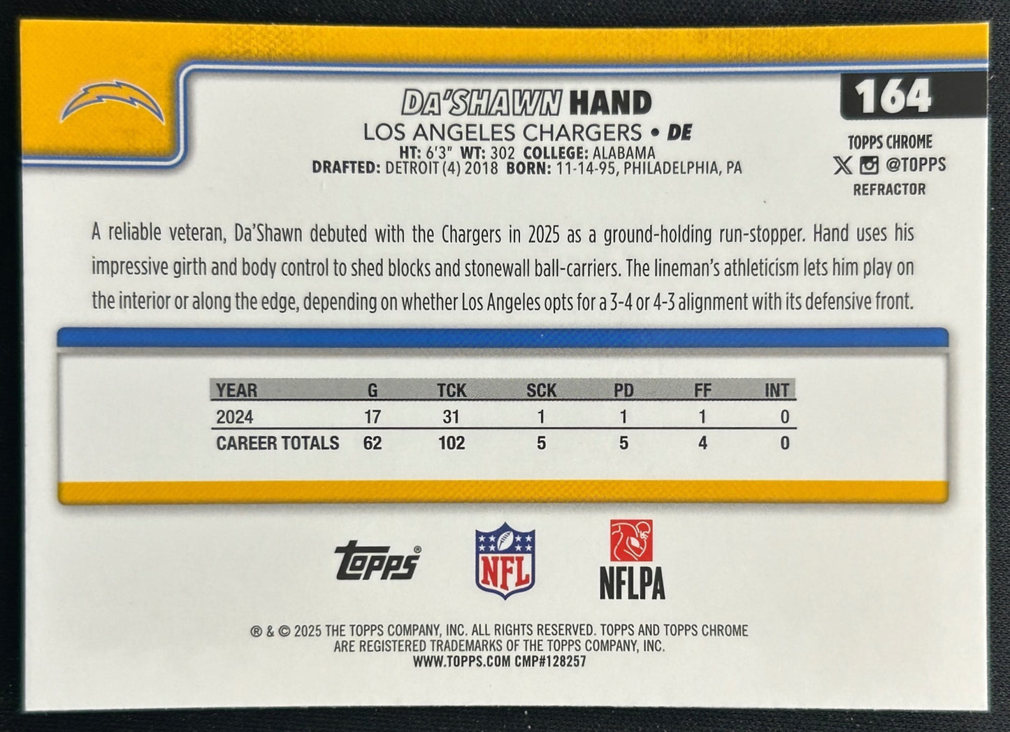 Da'Shawn Hand 2025 Topps Chrome Refractor Chargers Sports Trading Cards