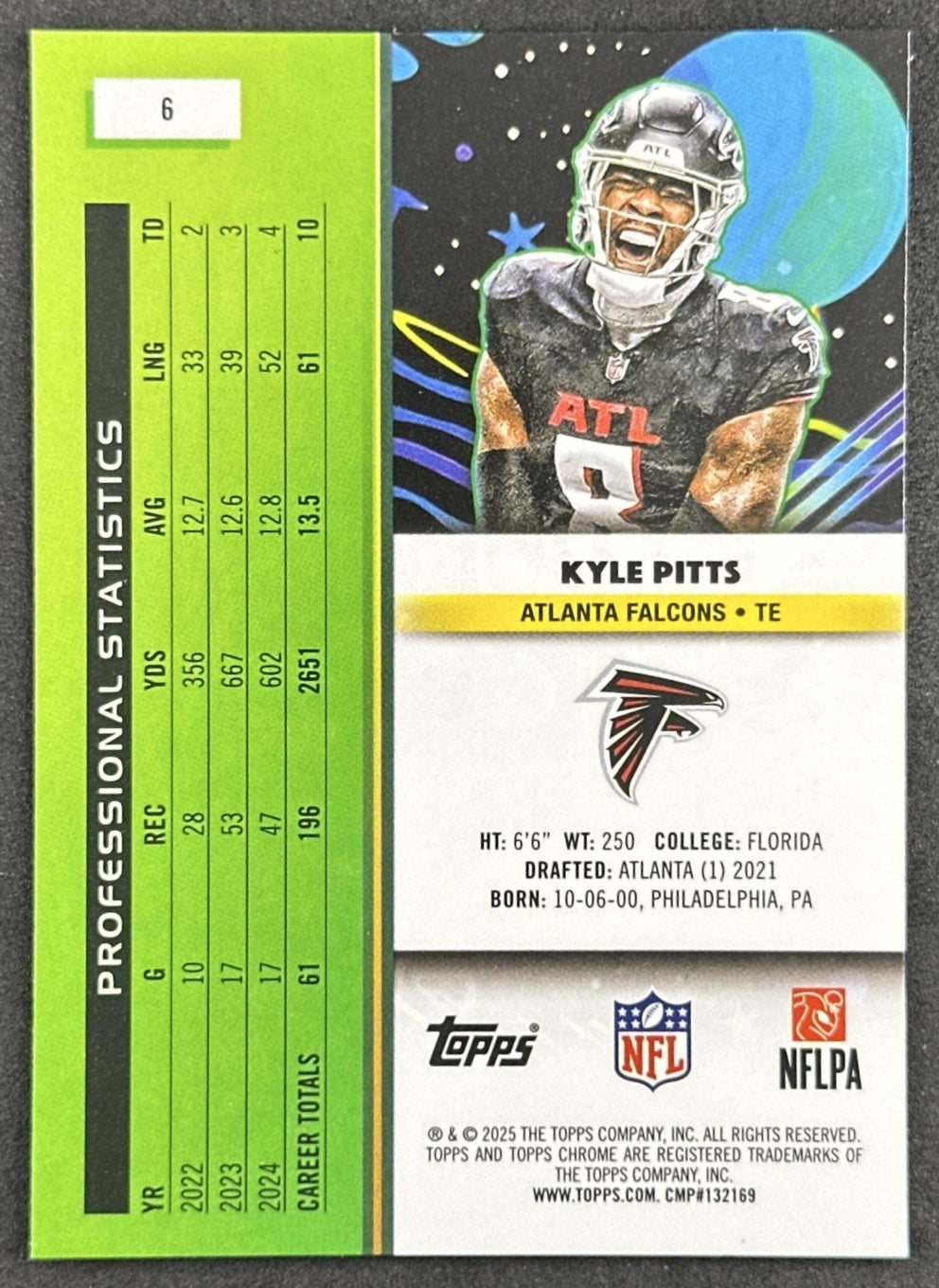 Kyle Pitts 2025 Topps Cosmic Chrome Falcons back